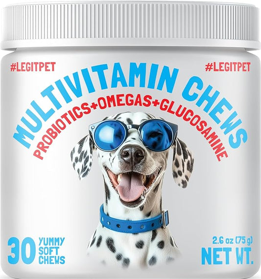 LEGITPET Dog Vitamins - 30 Multivitamins Chews w/Glucosamine Chondroitin, Probiotics Digestive Enzymes and Omegas - Supplement for Overall Health - Joint Support, Immune Health, Skin and Heart Health