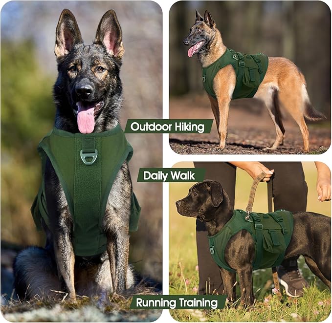 DORA BRIDAL Tactical Dog Harness, Service Dog Molle Vest with Handle, Military Dog Harness with Hook & Loop Panels, Heavy Duty No Pull Adjustable Dog Vest for Training, Walking, Hiking, Green S