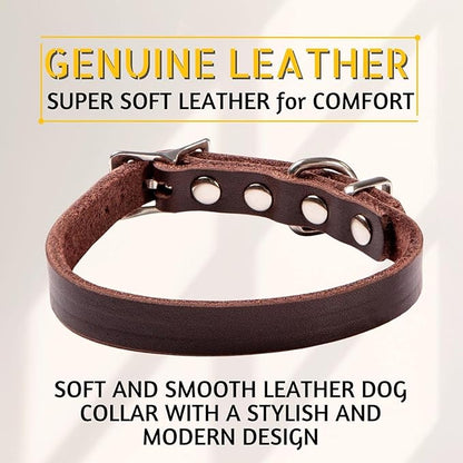 Adityna - Leather Dog Collar for Extra-Small Dogs and Puppies - Classic Style, Soft and Strong, Heavy Duty Leather Dog Collars for XSmall Dogs (XS - Neck: 10-13 inches, Brown)