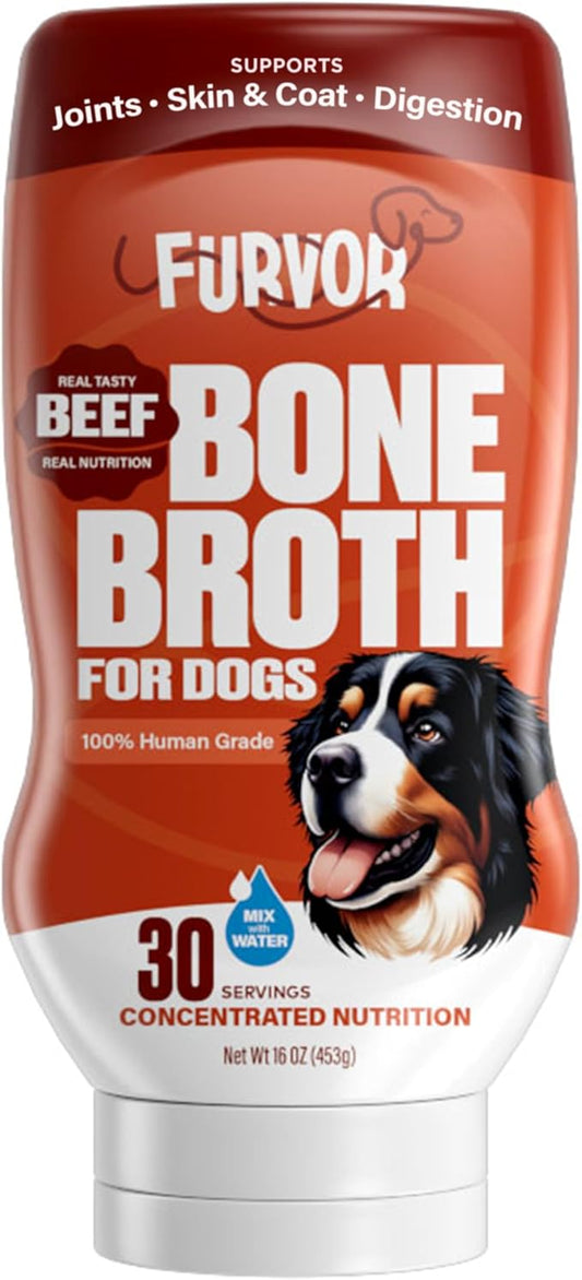 Beef Bone Broth for Dogs - Collagen Protein Supplement for Digestion, Mobility, Coat, Immune System, Healthy Dog Food Topper, Human Grade Meal Boost Gravy, Just Add Water, Made in USA 16 oz