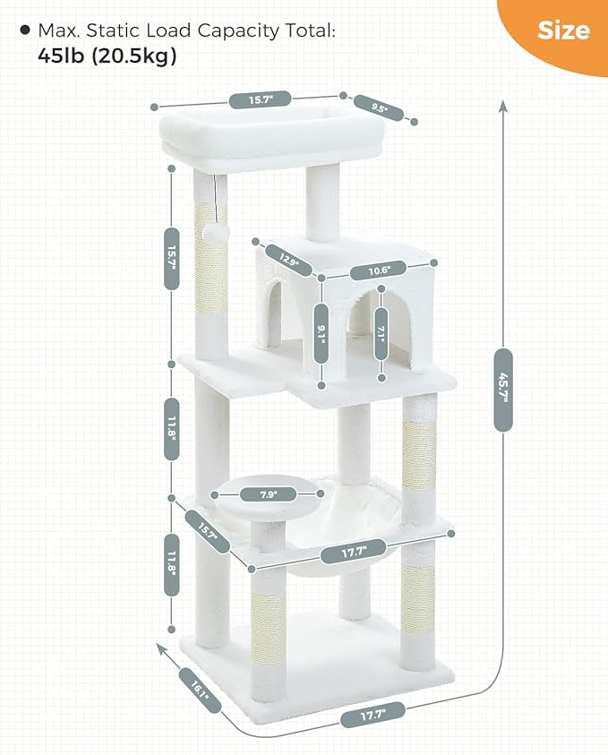 White Cat Tree for Indoor Cats, 45.7" Multi-Level Cat Tower with Large Metal Frame Hammock, Cat Condo with 4 Scratching Posts and Top Perch, White