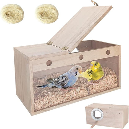 Tfwadmx Lovebird Nesting Box Transparent Bird Nest Box Wood Bird House for Cage Parakeet Breeding Boxes for Conures and Other Medium Sized Birds 11.8" x 5.7" x 5.9"