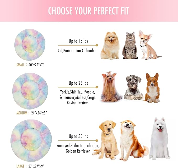 Anti Anxiety Round Fluffy Plush Faux Fur Warm Washable Dog Bed & Cat Bed, Original Bed for Small Medium Large Pets,Used to Relieve Joints and Improve Sleepï¼20"/24"/27''ï¼ (27", Rainbow)