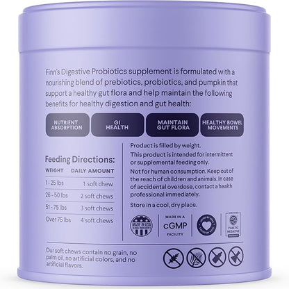 Finn Digestive Probiotics for Dogs - Complete Digestive System Support with Pumpkin, Prebiotics, & Live Probiotics - Vet Recommended & Made in The USA - 90 Soft Chews