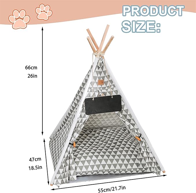 Pet Teepee, Portable Pet Tents for Small Dogs or Cats, Puppy Sweet Bed Washable Dog or Cat Houses with Cushion(Grey2,24)