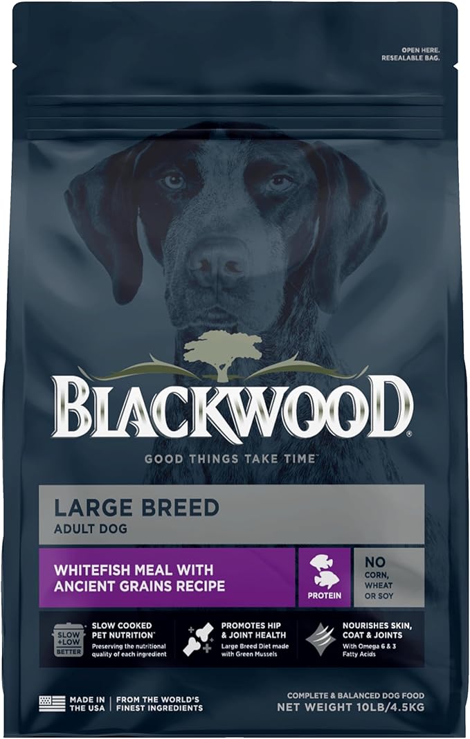 Blackwood Large Breed Dry Dog Food, Whitefish with Ancient Grains, 10 Pound Bag for Adult Dogs, Slow Cooked with Green Mussels to Promote Hip & Joint Health