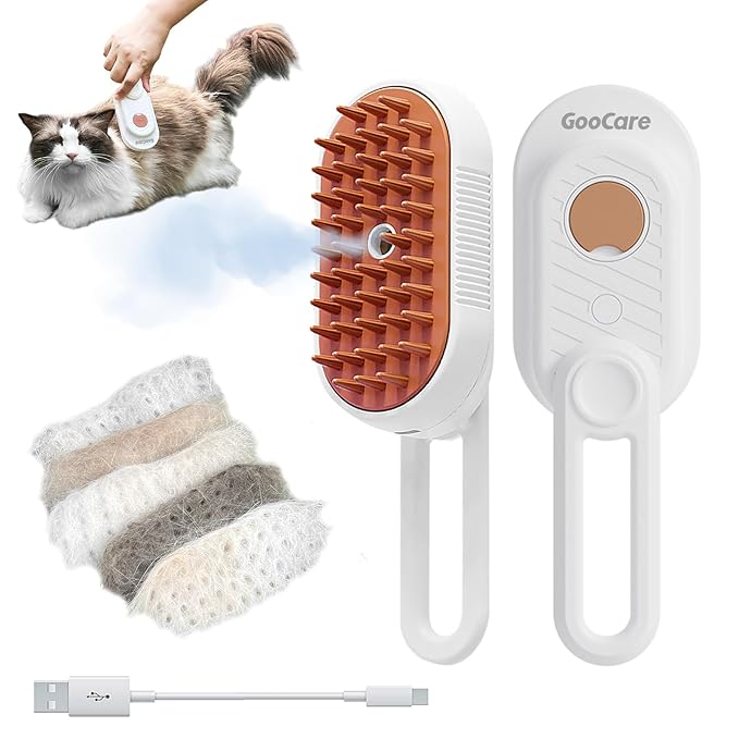 Enhanced 3-in-1 Cat Steam Brush With Larger Spray Misting, Long Steamy Comb for undercoat Shedding, Hair Removal & Cleaning, Water Brush for Indoor Long Hair Cat, Dog, Rabbit (Brown)