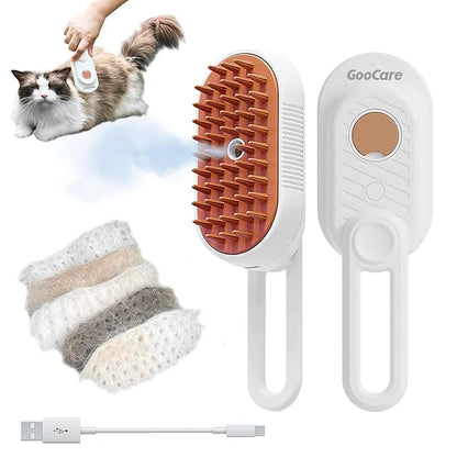 Enhanced 3-in-1 Cat Steam Brush With Larger Spray Misting, Long Steamy Comb for undercoat Shedding, Hair Removal & Cleaning, Water Brush for Indoor Long Hair Cat, Dog, Rabbit (Brown)