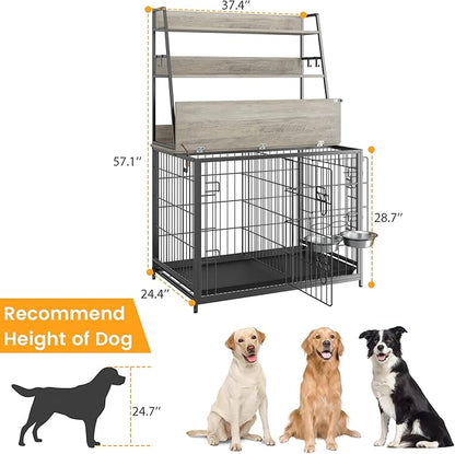 IDEALHOUSE Dog Crate Furniture,Flip-up Top Pet Crate Furniture,Indoor End Table Dog Cage with 3-Layer Storage Shelves,Dog Crates for Medium Dogs,Dog Kennel Furniture with Adjustable Bowls,Grey