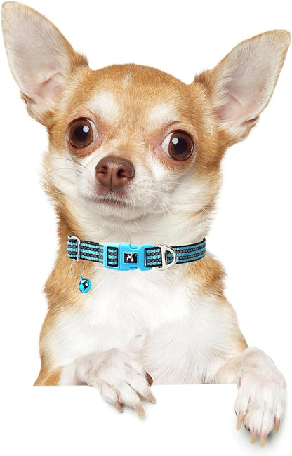 Reflective Dog Collar with Bell - Hypoallergenic Adjustable Nylon Puppy Collar for Night Safety, Soft Comfort Fit Small Dogs & Cats, Blue X-Small