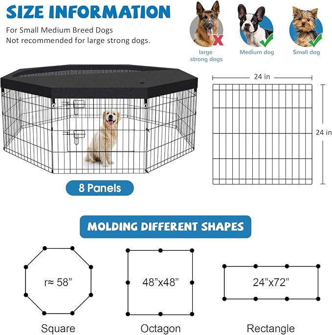 Dog Pen Pet Playpen Dog Fence Indoor Foldable Metal Wire Exercise Puppy Play Yard Pet Enclosure Indoor Outdoor 8 Panels 24 Inch with Bottom Pad/Top Cover (Black with top Cover)