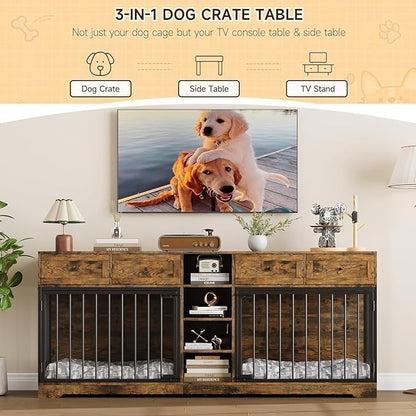 82 Double Dog Crate Furniture, Large Dog Kennel Indoor for 2 Dogs, Heavy Duty Wooden Dog Crate TV Stand with 4 Drawers and Shelves, Brown
