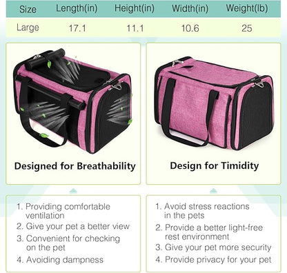 YUDODO 25 lbs Lightproof Pet Carriers Airline Approved Dog Cat Travel Soft Sided Carrier Reflective Mesh Safe Pet Cat Carrier Foldable Portable Small Animal Rabbit Puppy Cat Carrier Pink