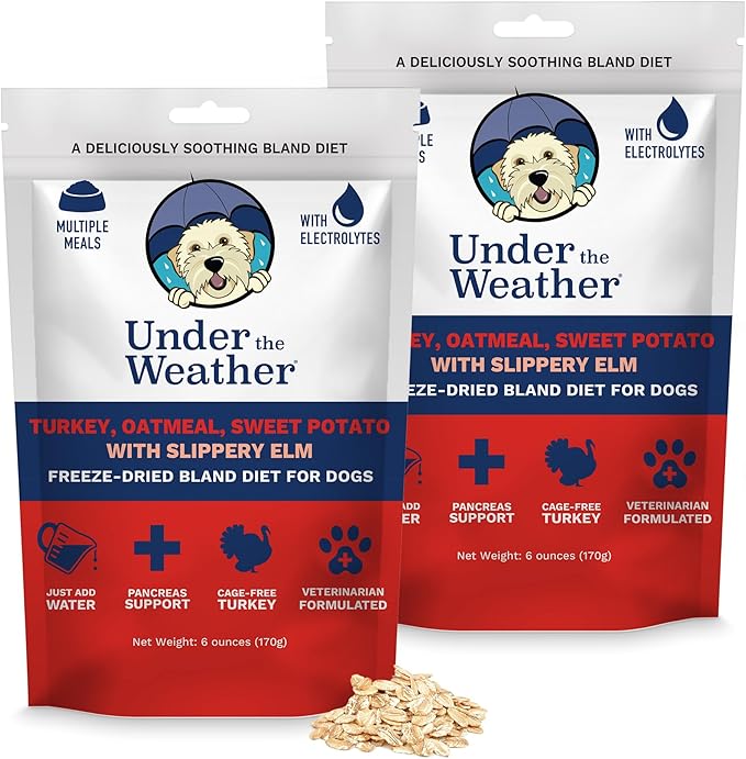 Under the Weather Bland Diet for Dogs | Easy to Digest Stomach Support for Sick Dogs | Contains Electrolytes, All Natural | 2 Pack - Turkey, Oatmeal, Sweet Potato & Slippery Elm for Dogs - 6oz