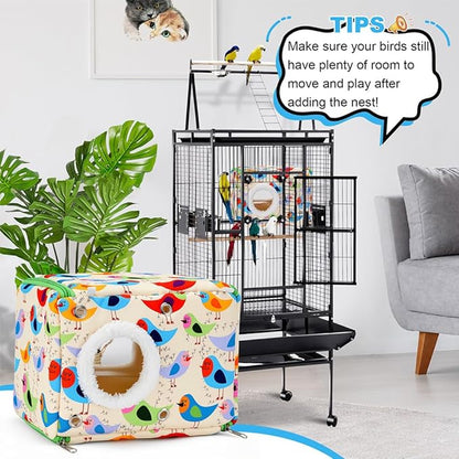 Cotton Bird Bed & Hammock for Cage - Winter Snuggle Nest with Entry Hole, Observation Window & Screw/Chain Mounting for Parakeets, Cockatiels
