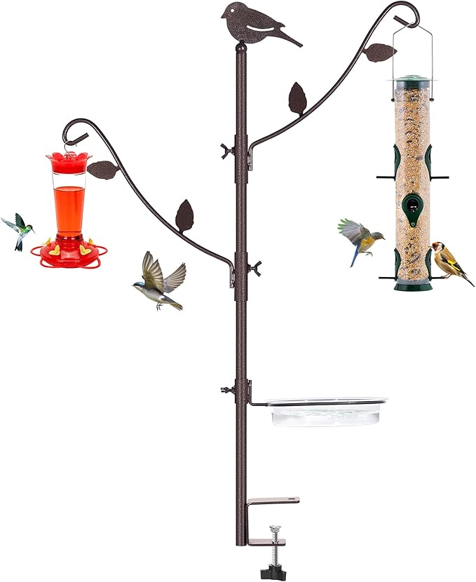 Deck Bird Feeder Pole Porch Multi-Hooks Hanging Kit for Outside with Two Adjustable Branches, Water Bowl, Bird Feeder Planter Hanger
