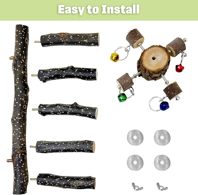 BNOSDM Natural Wood Bird Ladder Perch with Rotating Bell Toys-Exercise Stands for Parrot Climbing Chewing Parakeet Bridge Cage Accessories for Cockatiel, Conures, Lovebirds, Budgie