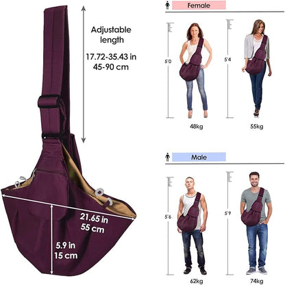 Dog Padded Papoose Sling, Small Pet Sling Carrier Hands Free Carry Adjustable Shoulder Strap Reversible Tote Bag with a Pocket Safety Belt Dog Cat Traveling Subway (5-12lbs, Burgundy)