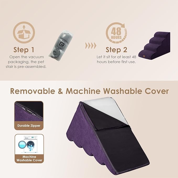 EHEYCIGA Curved Dog Stairs Ramp for High Beds 19.7" H, 4-Step Dog Steps for Small Dogs and Cats, Pet Stairs for High Bed Climbing, Non-Slip Balanced Pet Step Indoor, Purple