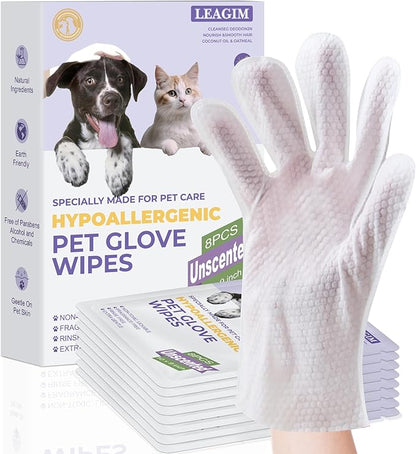 Pet Cleaning Glove Bathing Wipes for Dogs and Cats, Deodorizing No-Rinse Grooming Wipes for Paws, Body, and Butt, Perfect for Pet Dry Cleaning, Daily Care and Travel, Hypoallergenic, Unscented, 8 Pcs