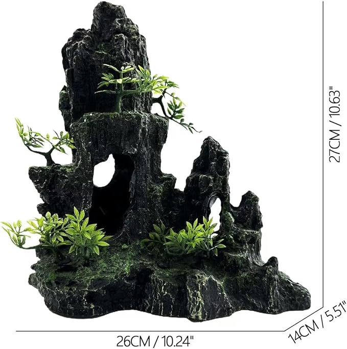 Large and Tall Fish Tank Decorations Aquarium Mountain View Stone Decorations Resin Rock Aquascaping with Hiding Cave, Fish Tank Accessories Aquarium Ornaments with Small Plants (B)