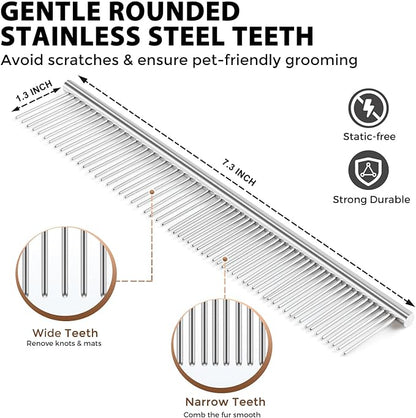 Dog Slicker Brush for Shedding and Grooming Medium or Long Haired Cats, Extra Long & Soft Pin Slicker Brush for Removes Loose Hair, Tangles, Knots, Undercoat, Free Pet Comb, Large, Clear