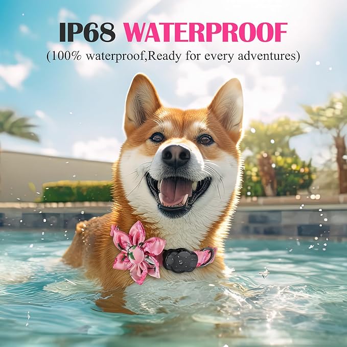 Airtag Dog Collar for Large Dogs, Rose-Pink Dog Collars Girl with AirTag Holder Waterproof Airtag Case, Including Flower Spring Dog Collar Bowtie, for All Female Dogs ï»