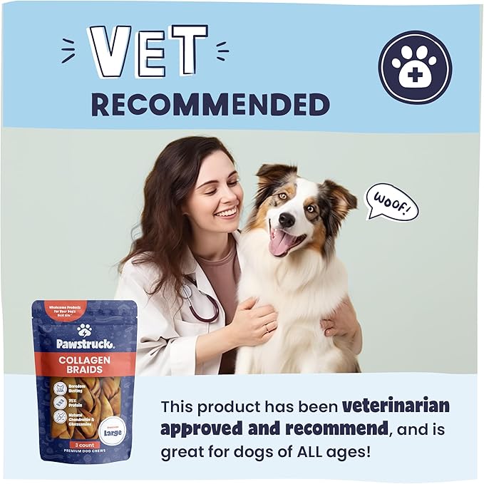 Pawstruck Natural Large 10-13 Beef Collagen Braids for Dogs - Healthy Long Lasting Alternative to Traditional Rawhide & Bully Sticks w/Chondroitin & Glucosamine - 3 Count - Packaging May Vary