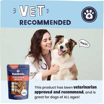 Pawstruck Natural Large 10-13 Beef Collagen Braids for Dogs - Healthy Long Lasting Alternative to Traditional Rawhide & Bully Sticks w/Chondroitin & Glucosamine - 3 Count - Packaging May Vary