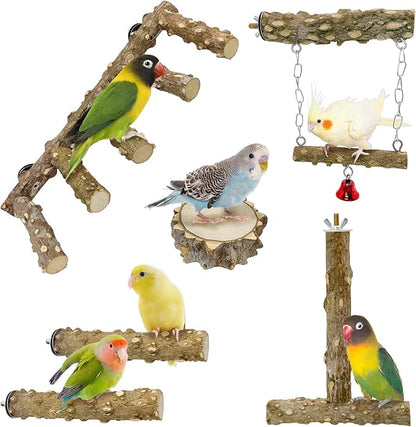 BNOSDM Natural Wood Bird Ladder Perch 6Pcs Parrot Stand Branches Climbing Chewing Stick Parakeet Swing Toys Cage Accessories Paw Grinding Fork Sets for Lovebirds Cockatiels Conure Budgies