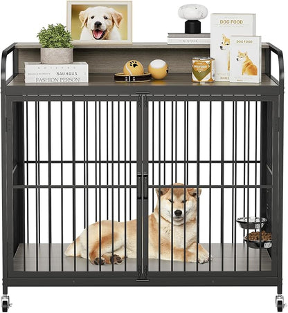 Dog Crate Furniture, Dog Crate Indoor with Adjustable Height Bowls, Wooden Heavy Duty, 39.8 Inch Dog Kennel Furniture for Medium Dogs, 39.8" L X 22.5" W X 38.6" H,Grey