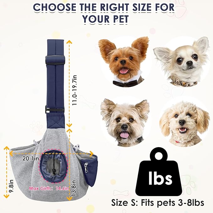 SlowTon Dog Carrier Sling - Puppy Carrier with Window and Storage Pocket Fits up to 12lbs, Dog Sling with Thick Adjustable Shoulder Strap and Safety Leash, Pet Carrier Bag for Small Dogs Cats(Blue S)