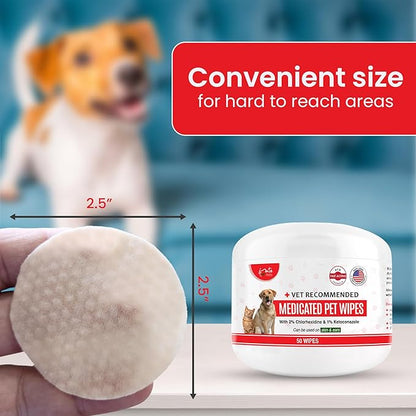 Amate Medicated Dog Wipes for Ear Skin & Coat - Pet Wipes for Dogs & Cats - 2.5 Small Wipes - Relieve Skin Issues, Hot Spots & Irritation - Pack of 50