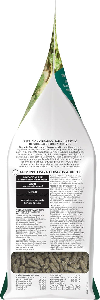 Oxbow Organic Bounty Guinea Pig Food, Adult Guinea Pig, Made with Oxbow Timothy Hay, USDA Organic Pet Food Pellets with Vitamin C, Small Animal Pet Products, Made in USA, High Fiber, 3 lb. bag