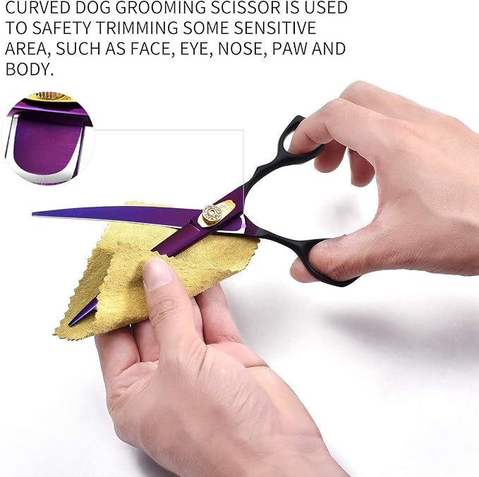 Dream Reach 7.0 inches Professional Decompressed Elastic Handle Pet Grooming Scissors Set,Straight & Chunker & 2 Curved scissors 4pcs set for Dog grooming (Purple) (Down-curved Scissor)