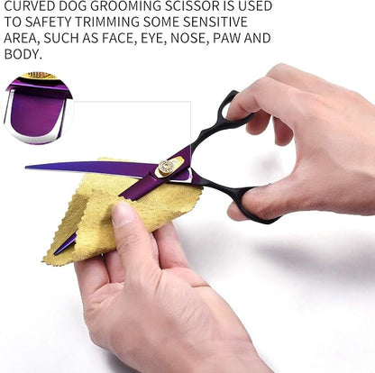 Dream Reach 7.0 inches Professional Decompressed Elastic Handle Pet Grooming Scissors Set,Straight & Chunker & 2 Curved scissors 4pcs set for Dog grooming (Purple) (Down-curved Scissor)