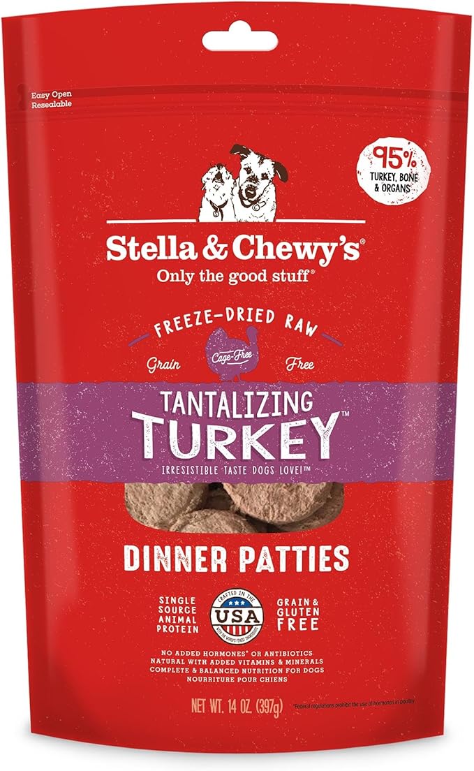 Stella & Chewy's Freeze Dried Raw Dinner Patties  Grain Free Dog Food, Protein Rich Tantalizing Turkey Recipe  14 oz Bag