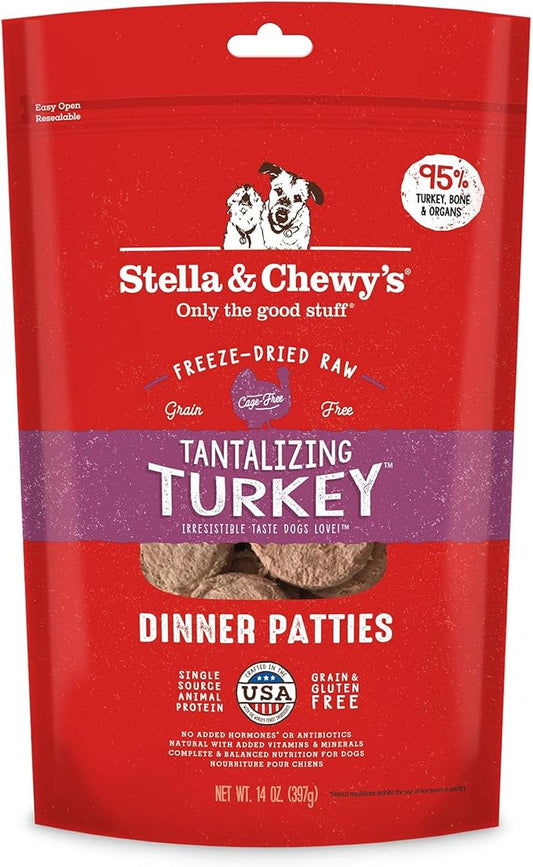 Stella & Chewy's Freeze Dried Raw Dinner Patties  Grain Free Dog Food, Protein Rich Tantalizing Turkey Recipe  14 oz Bag