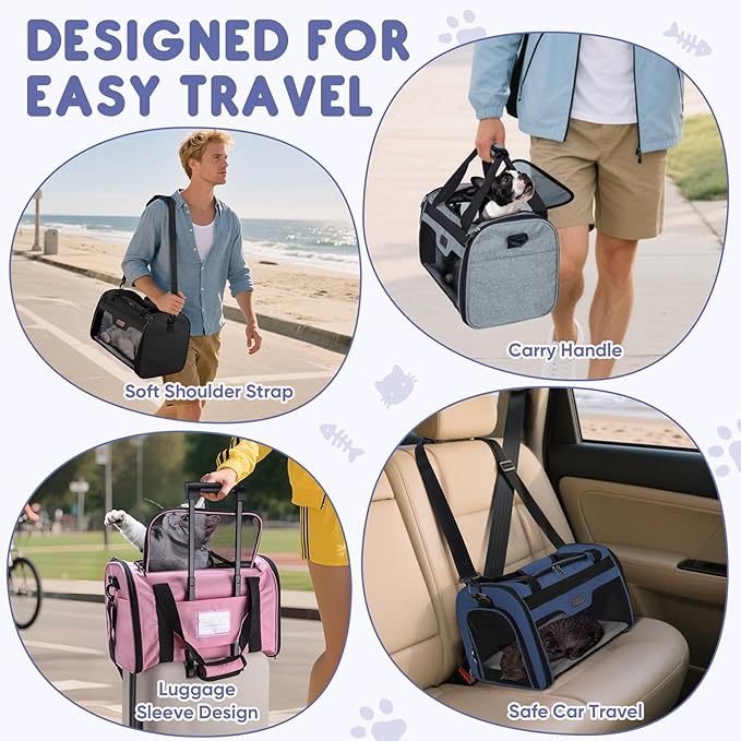 BALEINE Cat Carrier, Puppy Dog Carrier for Small Medium Pets Up to 22 Lbs, Soft-Sided Dog Travel Bag with Safety Zippers, Collapsible Pet Carrying Case (Blue, XL, 19"x12"x12")