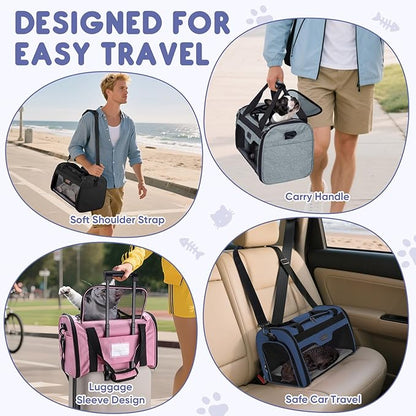 BALEINE Cat Carrier, Puppy Dog Carrier for Small Medium Pets Up to 22 Lbs, Soft-Sided Dog Travel Bag with Safety Zippers, Collapsible Pet Carrying Case (Blue, XL, 19"x12"x12")