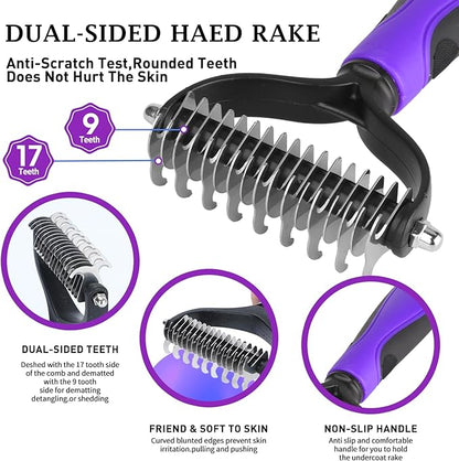 5 PCS Dog Grooming Brush Kit  Self Cleaning Slicker Brush for Shedding Short & Long Haired Dogs & Cats. Removes Loose Fur, Undercoat, Mats, Tangles for Small, Medium & Large Pets. Purple