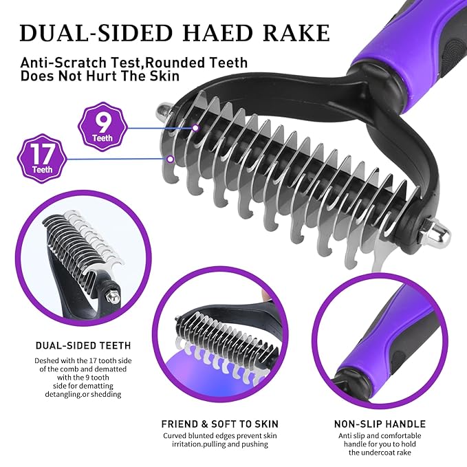 Dog Brush Kit - Self-Cleaning Slicker Brush with Bath Brush & Undercoat Rake | Deshedding Tools for Large - Small Dogs & Cats, Professional 3-in-1 Pet Grooming Set for Heavy Shedding, Black