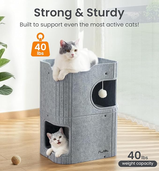 Made4Pets Cat House for Indoor Use, 2-Storey Cube Bed Cave, Covered Hideaway Condo with Scratch-Resistant Felt, Foldable Easy-to-Clean Design for Multi-Cat Homes, Grey
