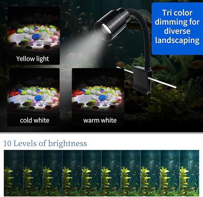 Mini Clip On Aquarium Light Small Dimmable Fish Tank Light USB Spotlight with 3 Light Modes 10-Level Brightness for 1 to 3 Gallon Tanks (Adapter NOT Included)