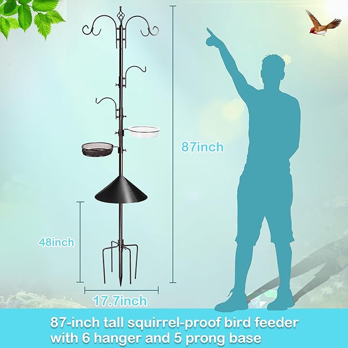 Bird Feeding Station Kit, 87 Inches Bird Feeder Pole, Premium Feeder Hanging Kit with Metal Suet, Water Bowl, Mesh Tray and Squirrel Baffle