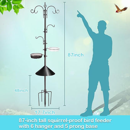 Bird Feeding Station Kit, 87 Inches Bird Feeder Pole, Premium Feeder Hanging Kit with Metal Suet, Water Bowl, Mesh Tray and Squirrel Baffle