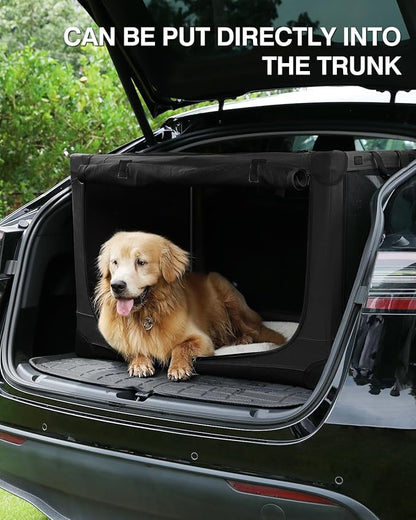 24 Inch Collapsible Travel Dog Crate for Medium Large Dogs, Portable Dog Crate 4-Door Foldable Soft Kennel with Chew-Proof Mesh Windows for Indoor & Outdoor Travel,with Storage Bag,Black