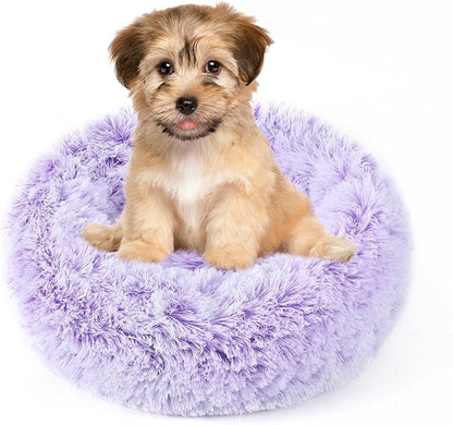 NOYAL Calming Donut Dog Bed for Small to Medium Dogs & Cats - Plush Faux Fur Anti-Anxiety Pet Bed with Machine Washable Cover & Non-Slip Base