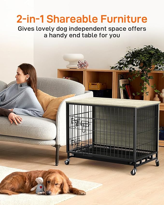 Dog Crate Furniture, 32.5" Wooden Dog Kennel Indoor, Double Doors Dog Cage with Removable Tray, Wheels, Large Dog Crate End Table for Medium/Large Dogs, Grey