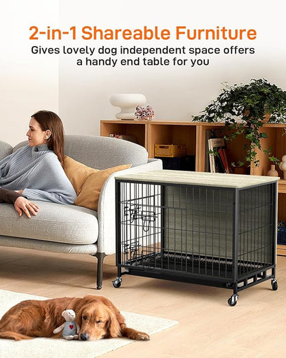 Dog Crate Furniture, 32.5" Wooden Dog Kennel Indoor, Double Doors Dog Cage with Removable Tray, Wheels, Large Dog Crate End Table for Medium/Large Dogs, Grey